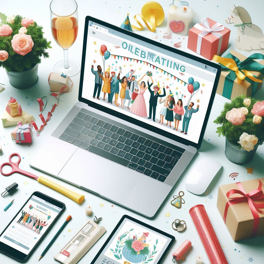 an image of celebrating people on a  laptop screen